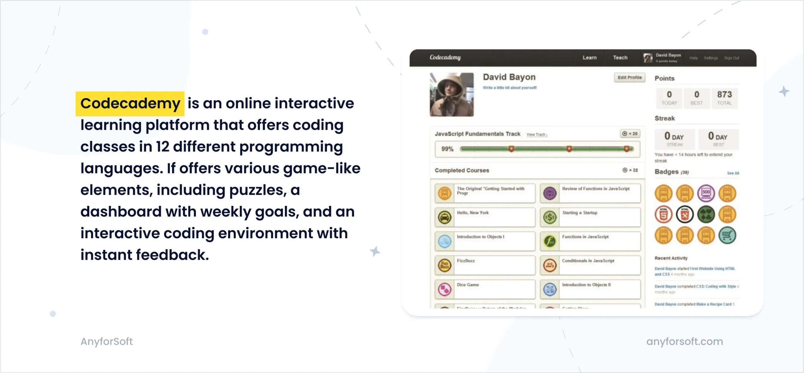 Codecademy user dashboard showing coding progress, completed courses, badges, and points to illustrate gamified individual learning.