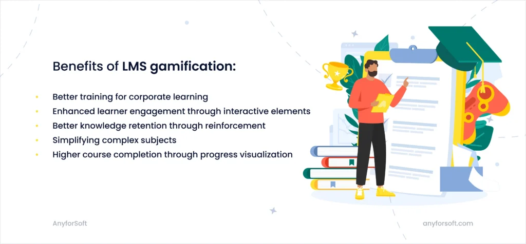 Benefits of LMS gamification illustrated with a person presenting learning achievements and trophies