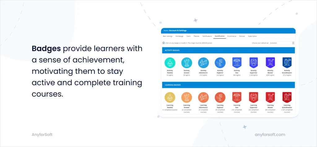 Example of activity and learning badges in LMS interface