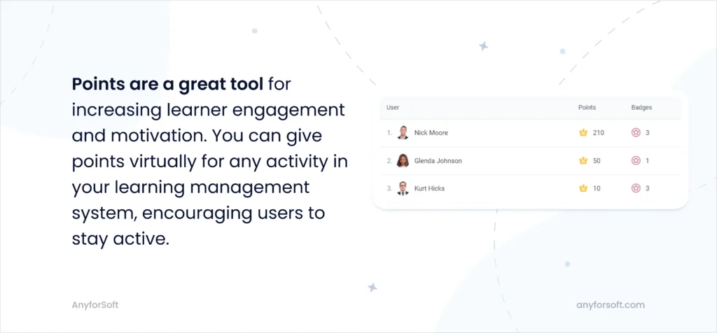 LMS interface showing user points and badges overview
