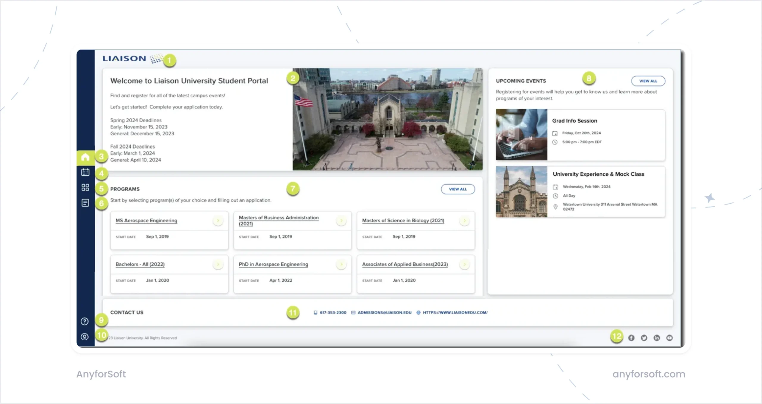 Screenshot of Liaison University student portal homepage displaying program options, start dates, upcoming events, application deadlines, and contact details.