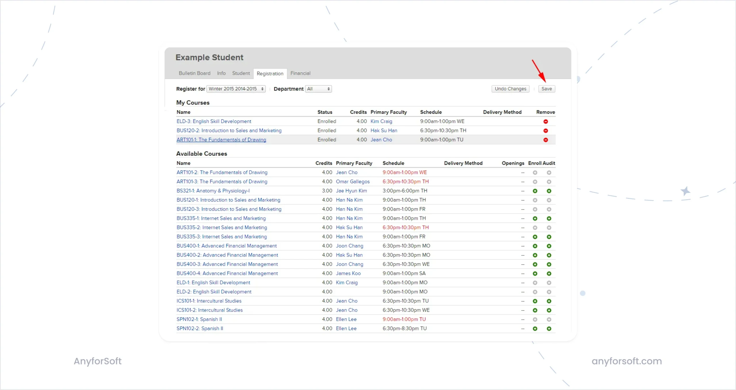 Screenshot of Stanton University student portal dashboard showing course enrollment status, schedule, faculty names, and course registration options.